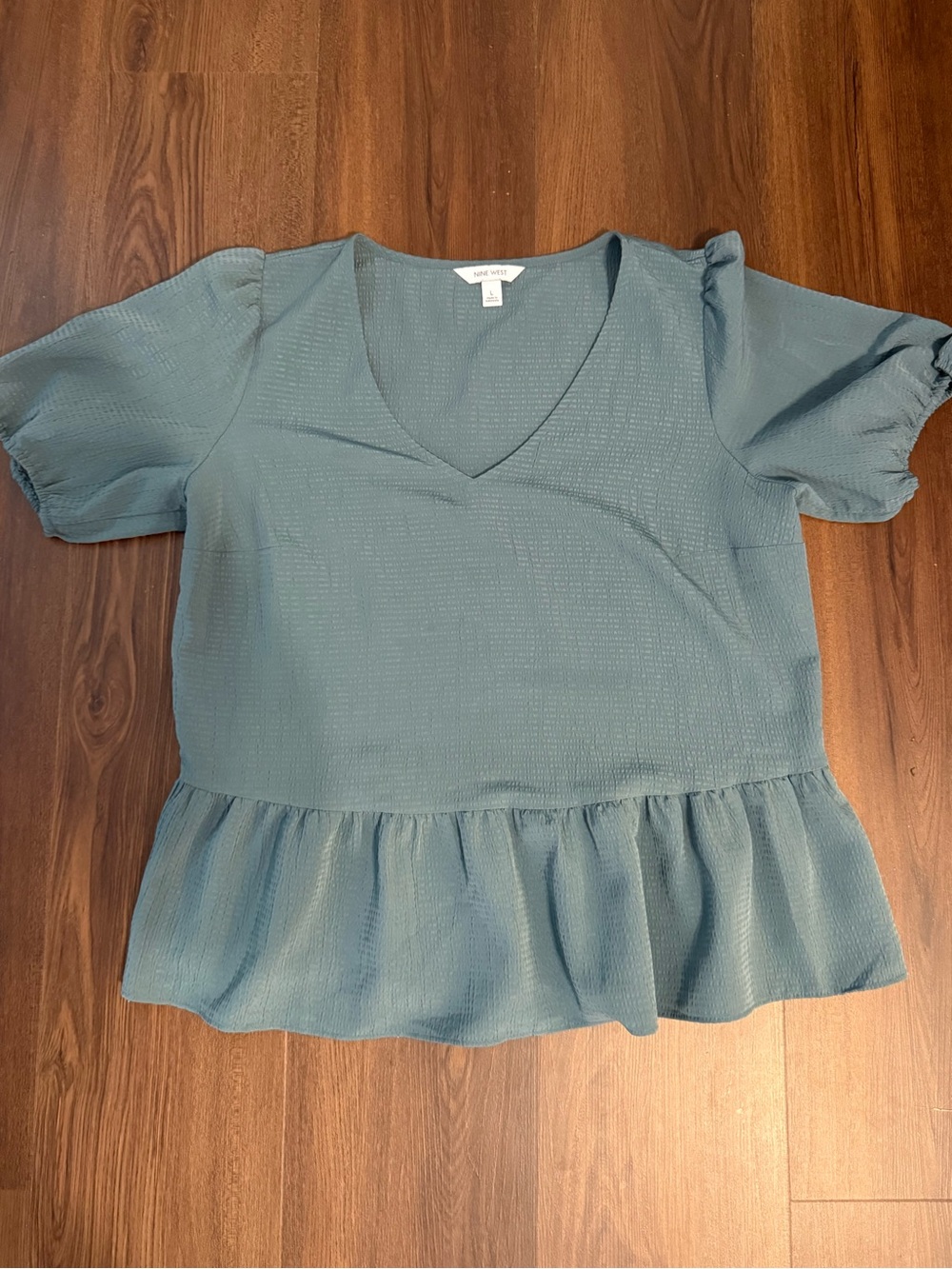 Nine West Dusty Teal V-Neck Peplum Top